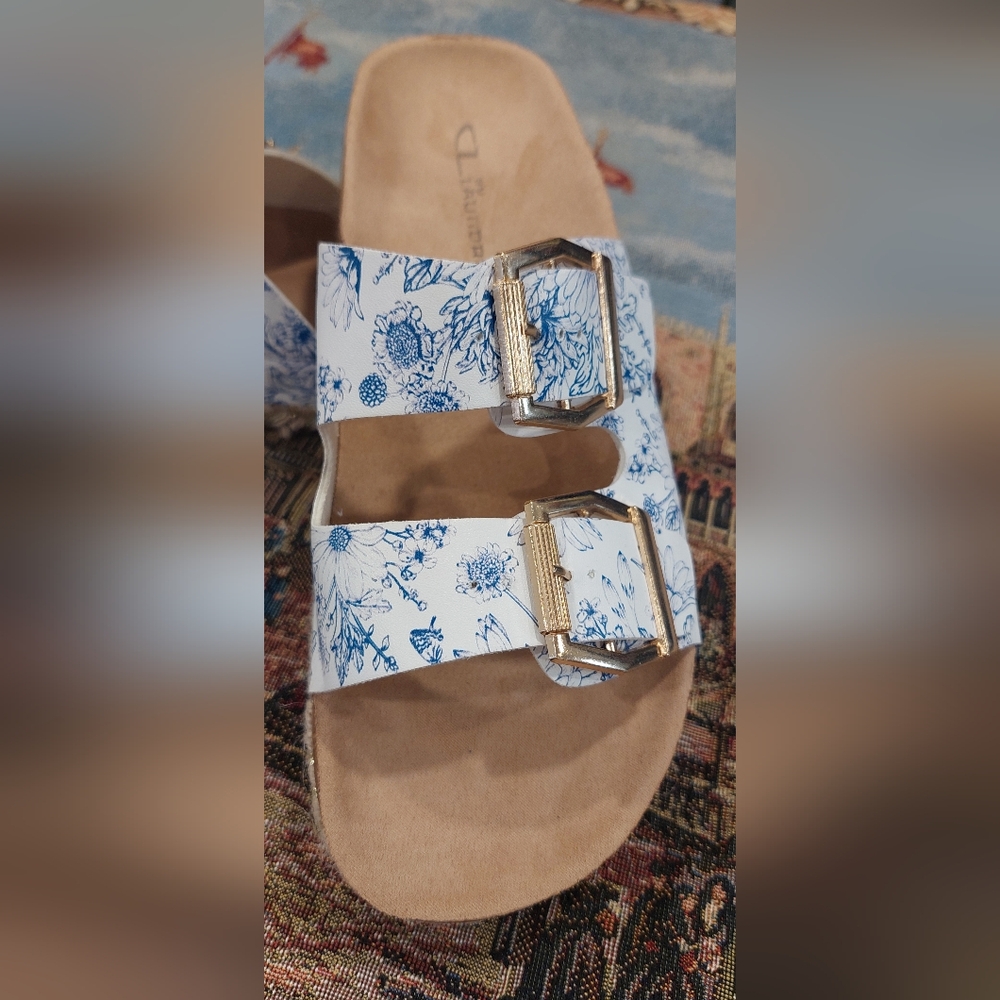 CL by Laundry Blue Floral Sandals with Gold Accents - Picture 4 of 7